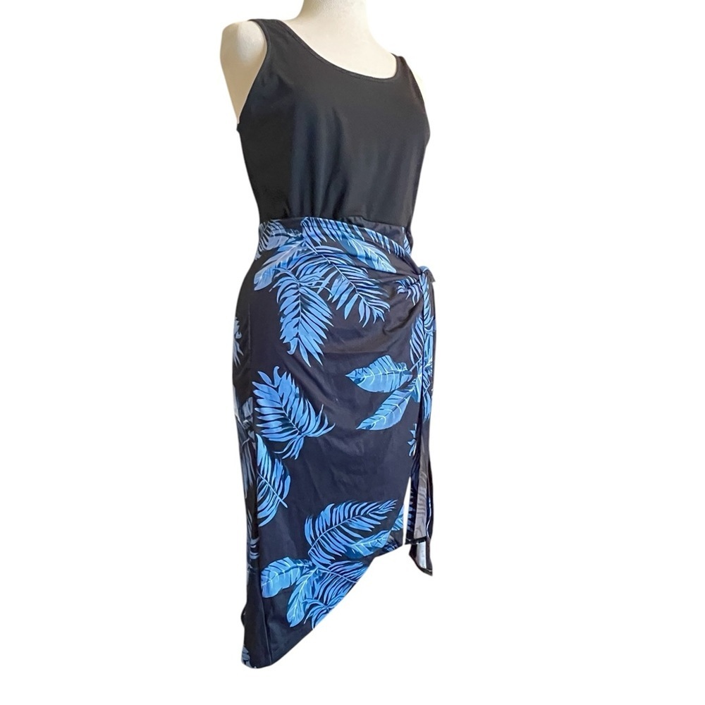 Black and Blue Leaf Print Women's Swim Dress - Picture 6 of 8